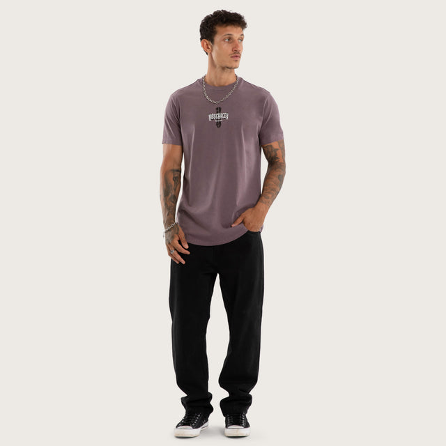 Model wears Arcane Curved Hem Tee Grey T-Shirts in Grey - Image 5