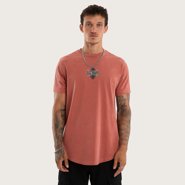 Model wears Exhale Curved Hem Tee Red T-Shirts in Red - Image 1