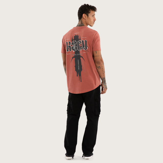 Model wears Exhale Curved Hem Tee Red T-Shirts in Red - Image 4