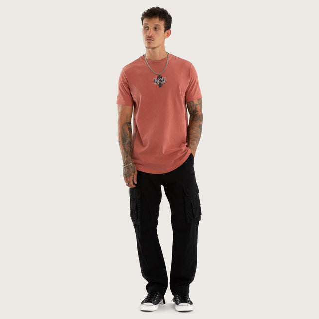 Model wears Exhale Curved Hem Tee Red T-Shirts in Red - Image 5