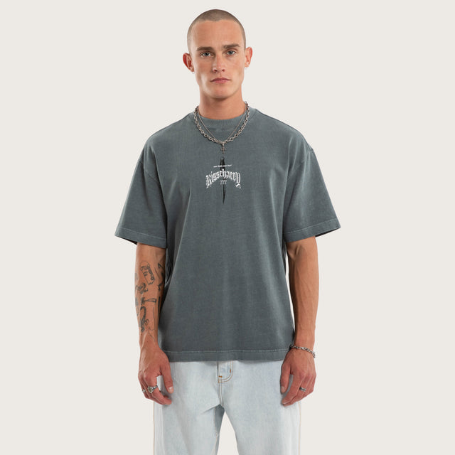 Model wears Bowie Box Fit Tee Grey T-Shirts in Grey - Image 2