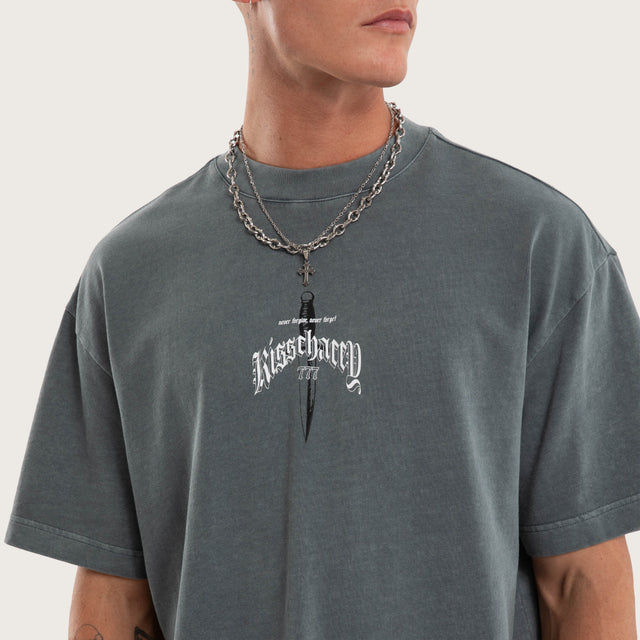 Model wears Bowie Box Fit Tee Grey T-Shirts in Grey - Image 3