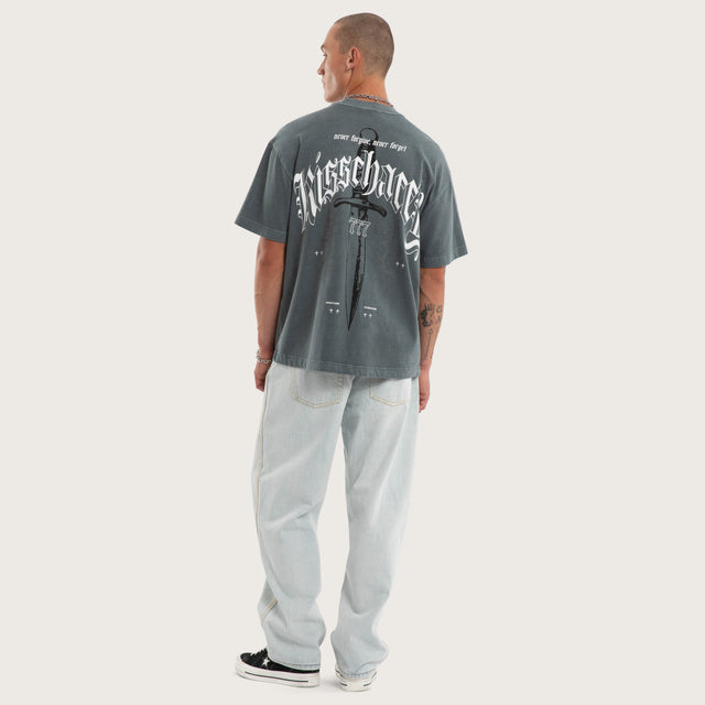 Model wears Bowie Box Fit Tee Grey T-Shirts in Grey - Image 4
