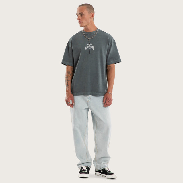 Model wears Bowie Box Fit Tee Grey T-Shirts in Grey - Image 5