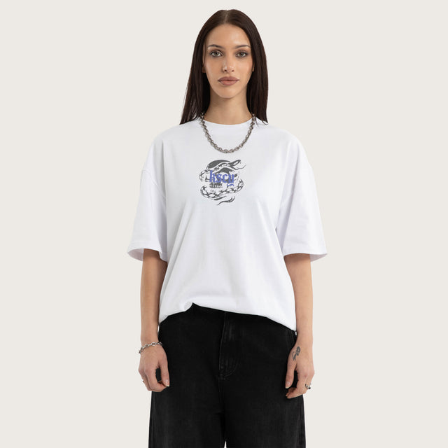 Model wears Anaconda Box Fit Tee White T-Shirts in White - Image 4