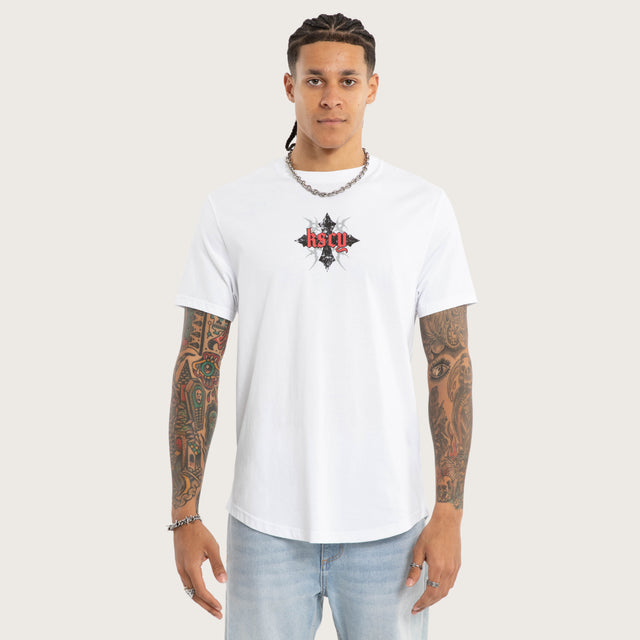 Model wears Liturgy Curved Hem Tee White T-Shirts in White - Image 1