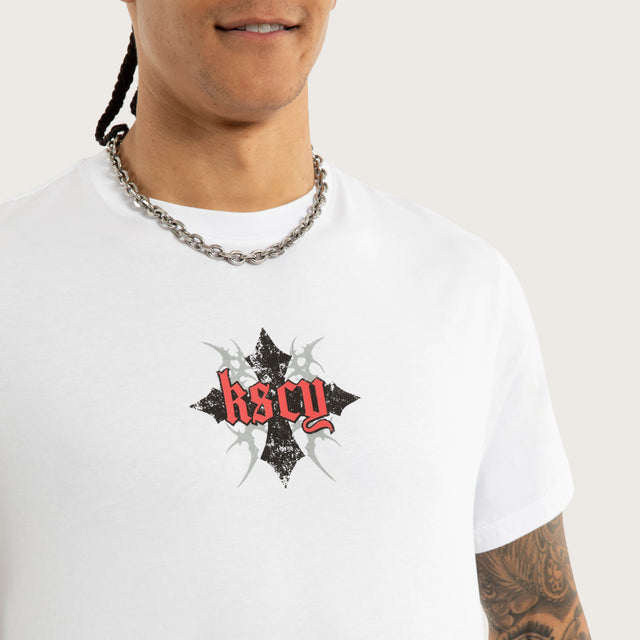 Model wears Liturgy Curved Hem Tee White T-Shirts in White - Image 3