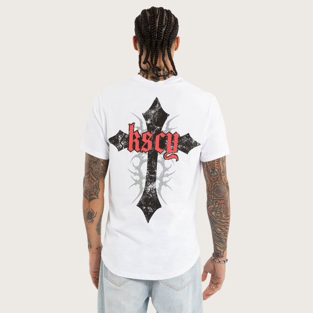 Model wears Liturgy Curved Hem Tee White T-Shirts in White - Image 2