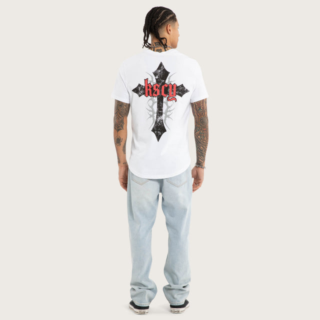 Model wears Liturgy Curved Hem Tee White T-Shirts in White - Image 4