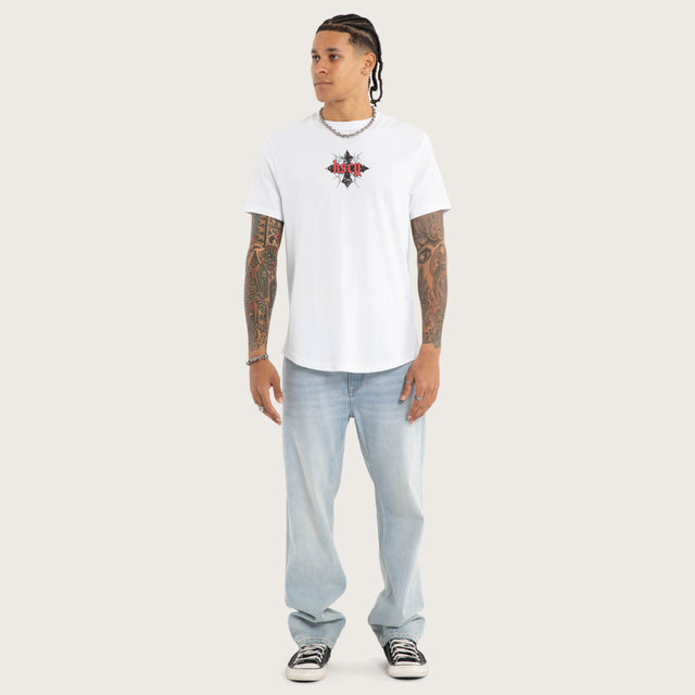 Model wears Liturgy Curved Hem Tee White T-Shirts in White - Image 5