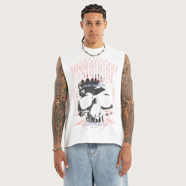 Model wears Darkness Mechanic Muscle Tee White Muscle Tees in White - Image 1