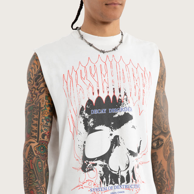 Model wears Darkness Mechanic Muscle Tee White Muscle Tees in White - Image 2