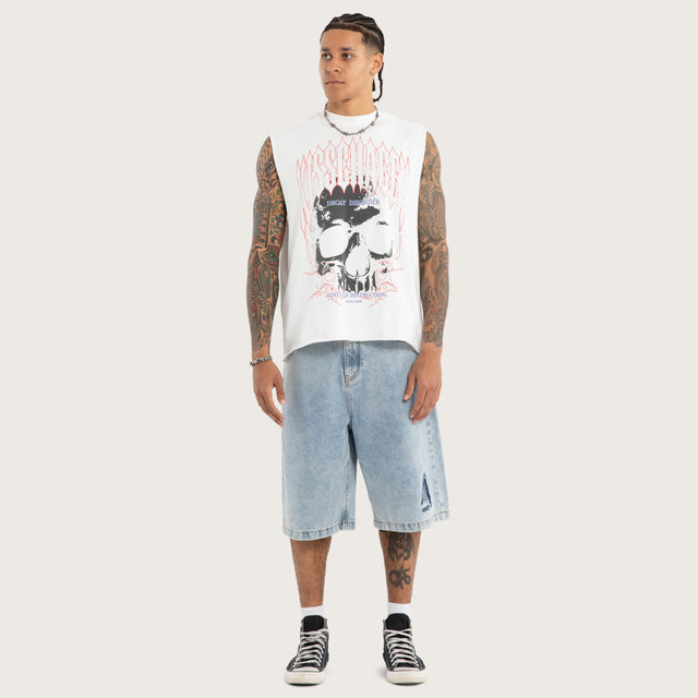 Model wears Darkness Mechanic Muscle Tee White Muscle Tees in White - Image 5