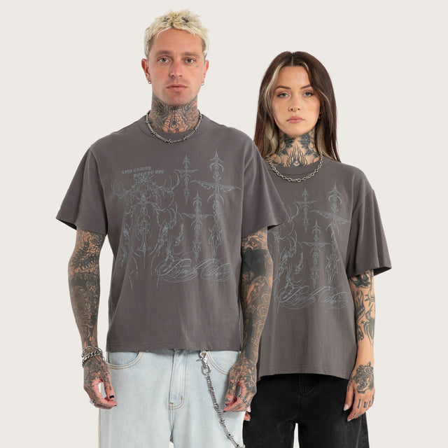 Model wears Luke Walker Error Rocker Tee Charcoal T-Shirts in Grey - Image 1