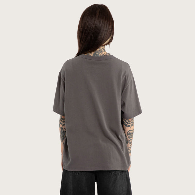 Model wears Luke Walker Error Rocker Tee Charcoal T-Shirts in Grey - Image 3