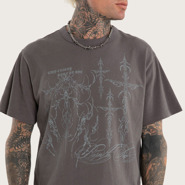 Model wears Luke Walker Error Rocker Tee Charcoal T-Shirts in Grey - Image 2