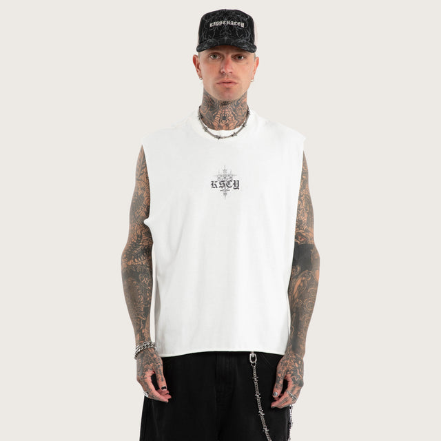 Model wears Luke Walker Data Mechanic Muscle Natural White Muscle Tees in White - Image 1