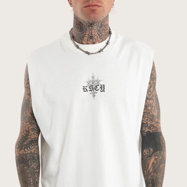 Model wears Luke Walker Data Mechanic Muscle Natural White Muscle Tees in White - Image 3
