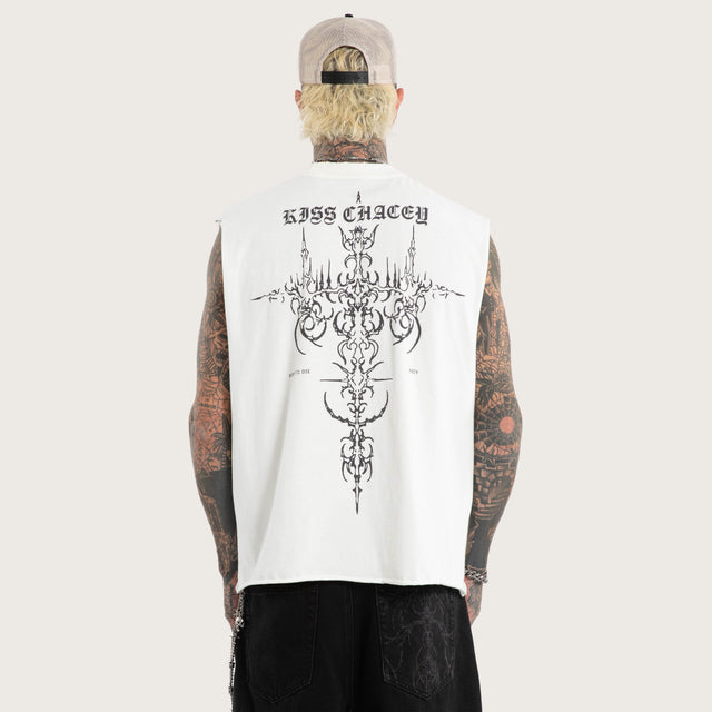 Model wears Luke Walker Data Mechanic Muscle Natural White Muscle Tees in White - Image 2