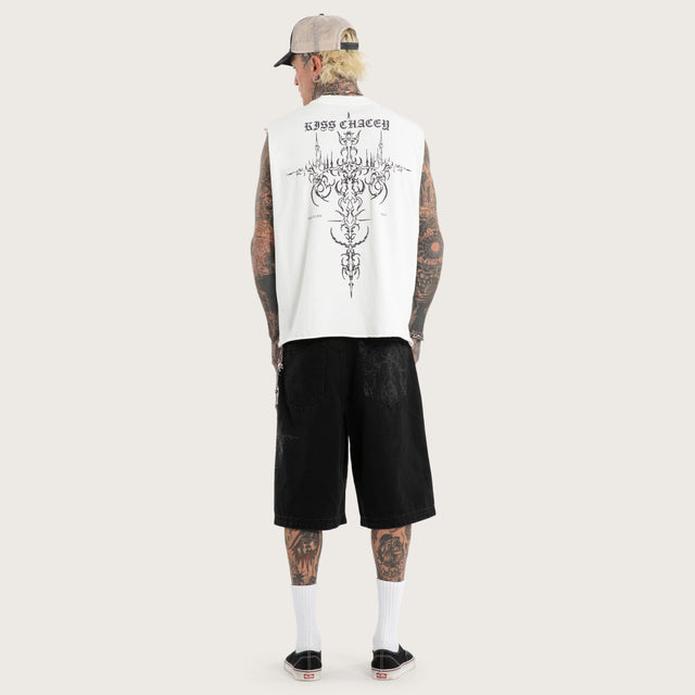 Model wears Luke Walker Data Mechanic Muscle Natural White Muscle Tees in White - Image 4