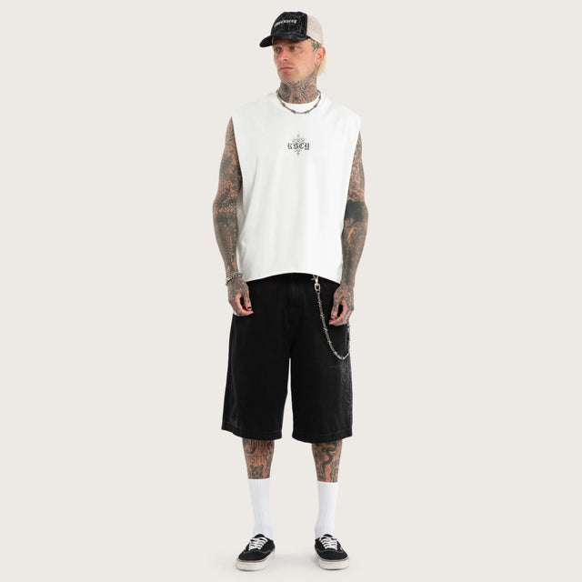 Model wears Luke Walker Data Mechanic Muscle Natural White Muscle Tees in White - Image 5