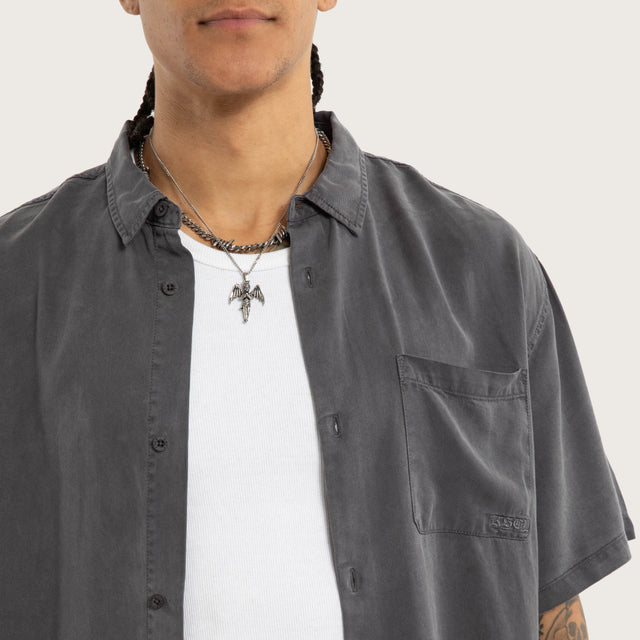 Model wears Acid Charcoal Short Sleeve Shirt Grey Short Sleeve Shirts in Grey - Image 2