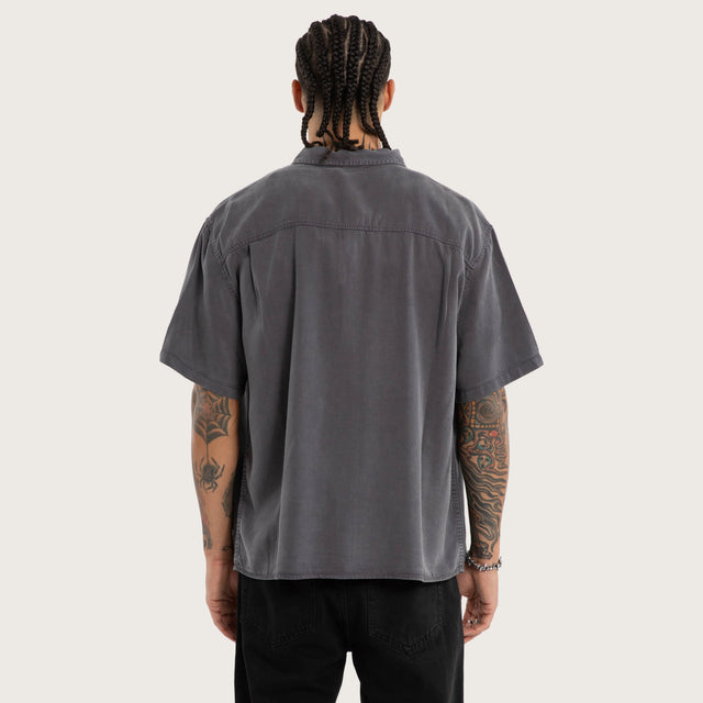 Model wears Acid Charcoal Short Sleeve Shirt Grey Short Sleeve Shirts in Grey - Image 3