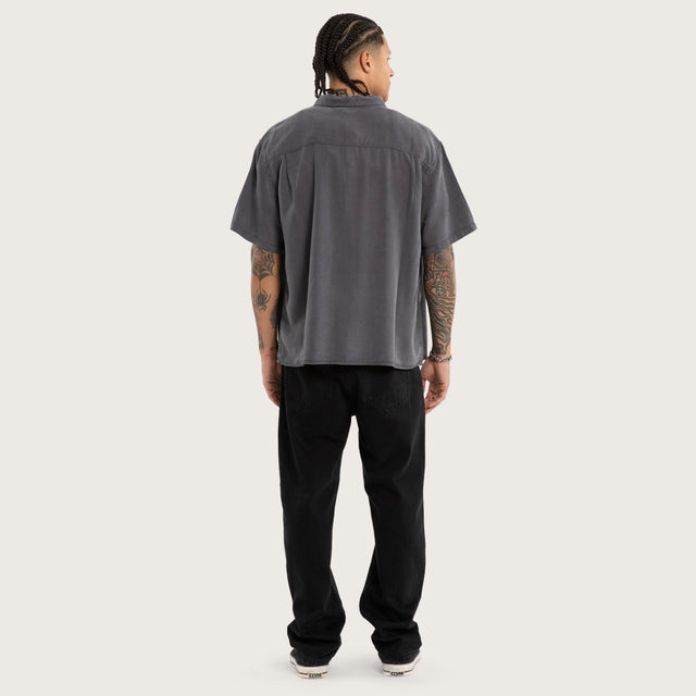 Model wears Acid Charcoal Short Sleeve Shirt Grey Short Sleeve Shirts in Grey - Image 4