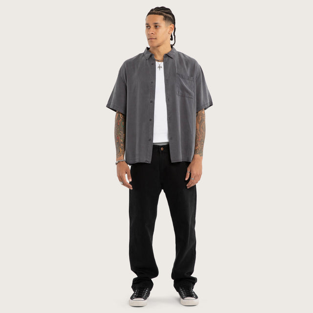 Model wears Acid Charcoal Short Sleeve Shirt Grey Short Sleeve Shirts in Grey - Image 5
