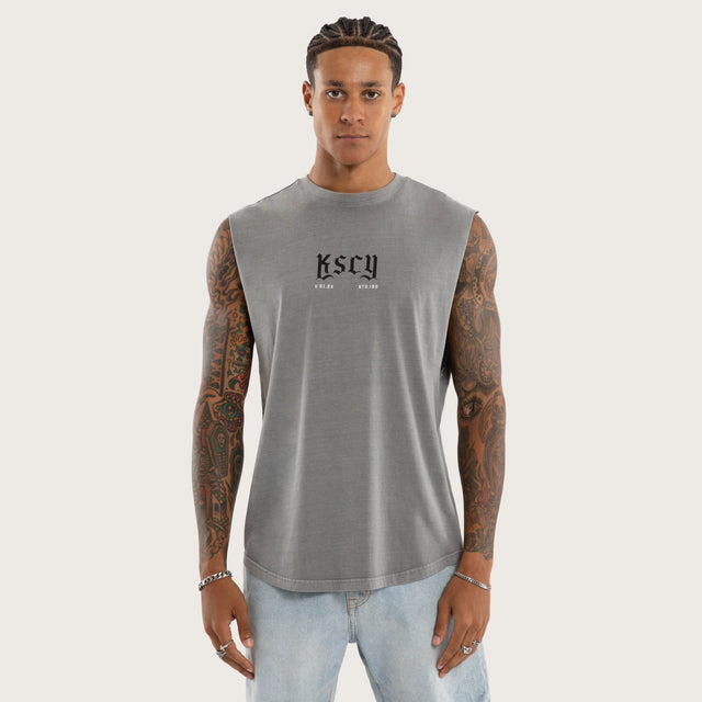 Model wears Grunge Curved Hem Muscle Tee Grey Muscle Tees in Grey - Image 1
