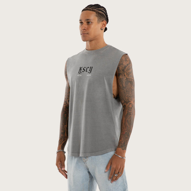 Model wears Grunge Curved Hem Muscle Tee Grey Muscle Tees in Grey - Image 3