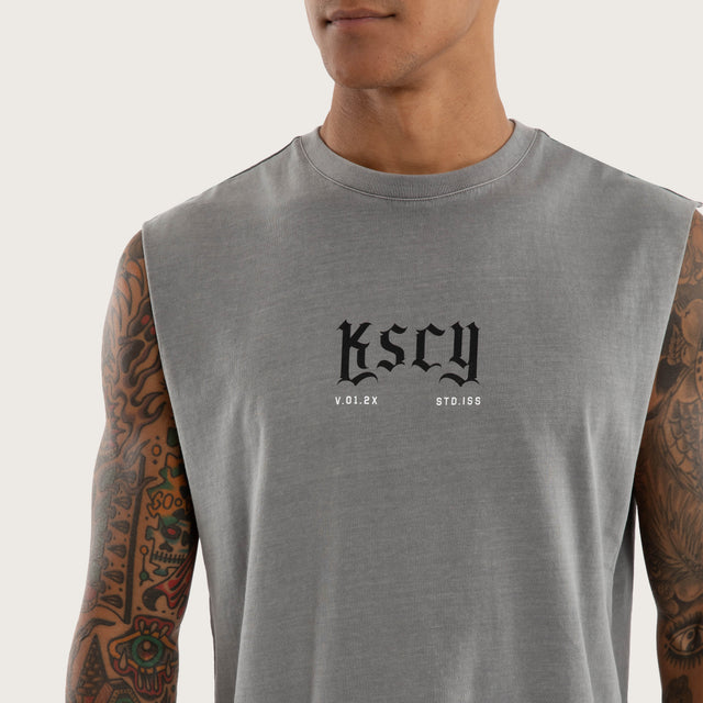 Model wears Grunge Curved Hem Muscle Tee Grey Muscle Tees in Grey - Image 4