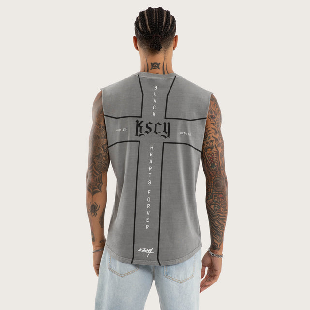 Model wears Grunge Curved Hem Muscle Tee Grey Muscle Tees in Grey - Image 2