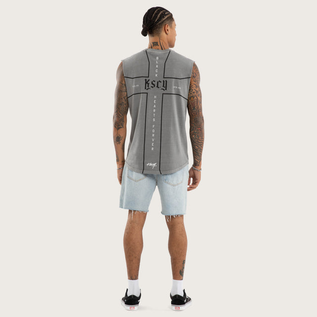 Model wears Grunge Curved Hem Muscle Tee Grey Muscle Tees in Grey - Image 5