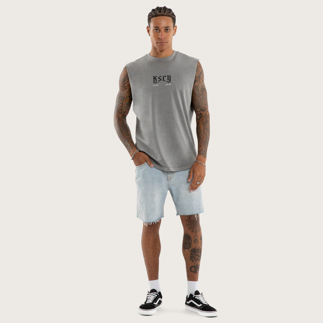 Model wears Grunge Curved Hem Muscle Tee Grey Muscle Tees in Grey - Image 6