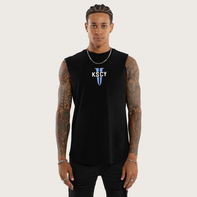 Model wears Rebellious Curved Hem Muscle Tee Black Muscle Tees in Black - Image 2