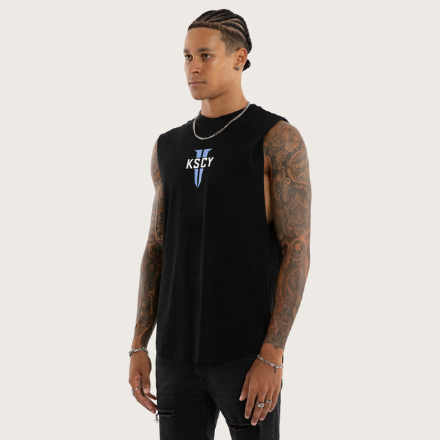 Model wears Rebellious Curved Hem Muscle Tee Black Muscle Tees in Black - Image 3