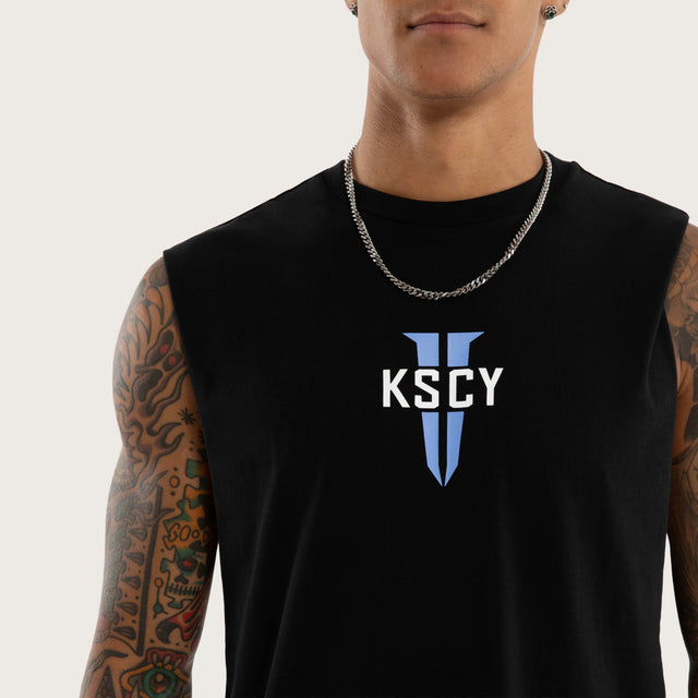 Model wears Rebellious Curved Hem Muscle Tee Black Muscle Tees in Black - Image 4
