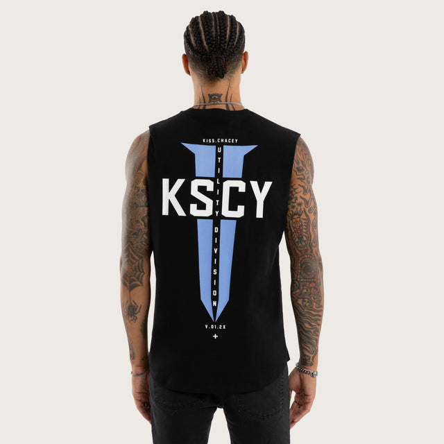 Model wears Rebellious Curved Hem Muscle Tee Black Muscle Tees in Black - Image 1
