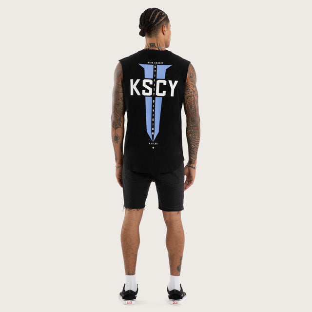 Model wears Rebellious Curved Hem Muscle Tee Black Muscle Tees in Black - Image 6