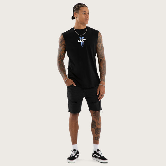 Model wears Rebellious Curved Hem Muscle Tee Black Muscle Tees in Black - Image 5