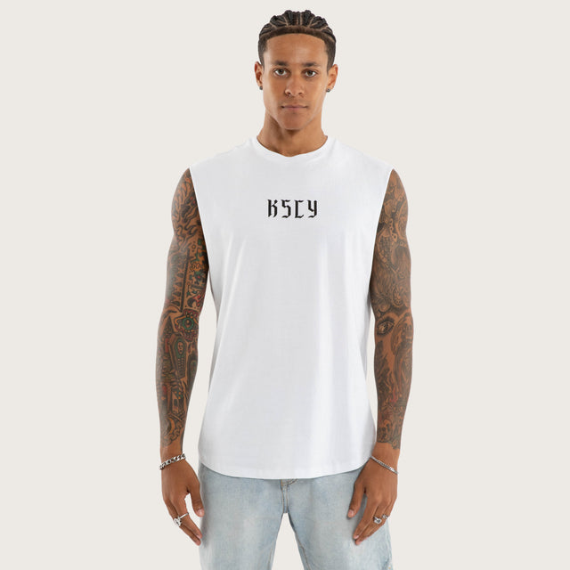 Model wears Sonic Curved Hem Muscle Tee White Muscle Tees in White - Image 1