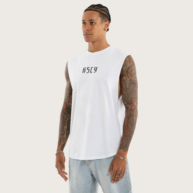 Model wears Sonic Curved Hem Muscle Tee White Muscle Tees in White - Image 3