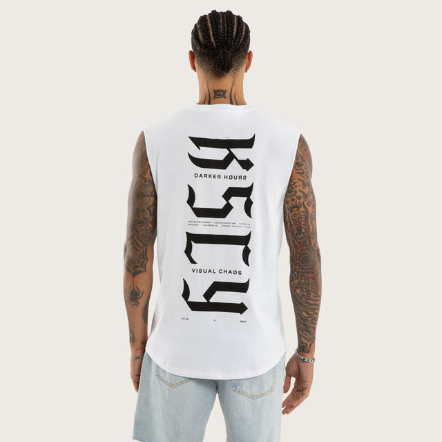 Model wears Sonic Curved Hem Muscle Tee White Muscle Tees in White - Image 2