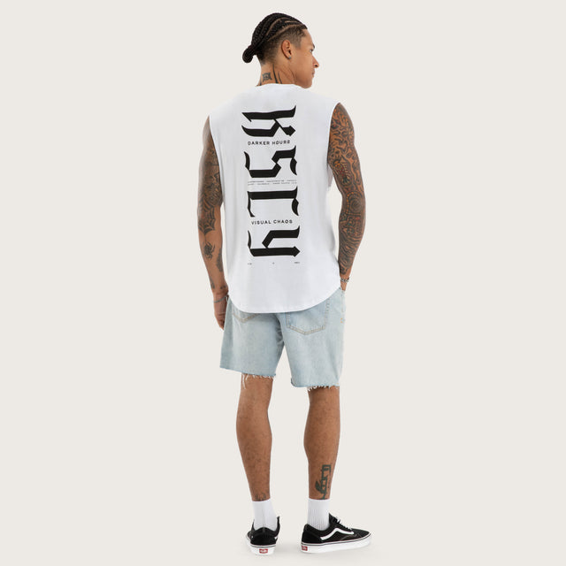 Model wears Sonic Curved Hem Muscle Tee White Muscle Tees in White - Image 5