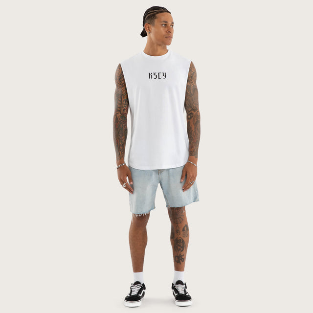 Model wears Sonic Curved Hem Muscle Tee White Muscle Tees in White - Image 6