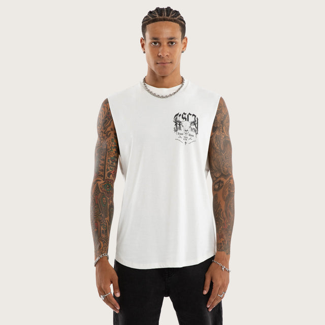Model wears Gritt Curved Hem Muscle Tee White Muscle Tees in White - Image 2