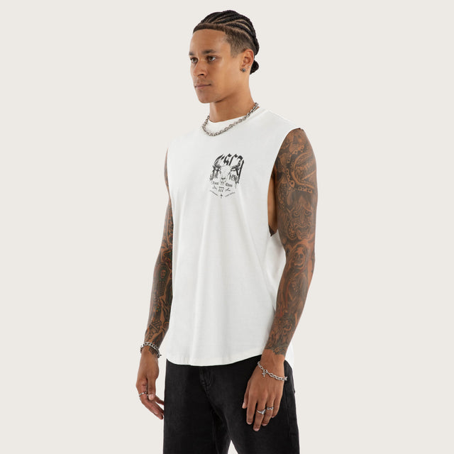 Model wears Gritt Curved Hem Muscle Tee White Muscle Tees in White - Image 3
