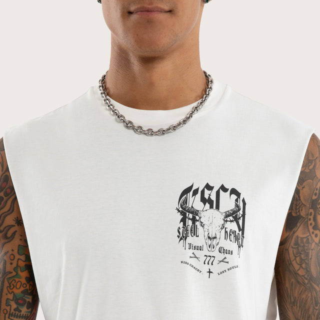 Model wears Gritt Curved Hem Muscle Tee White Muscle Tees in White - Image 4