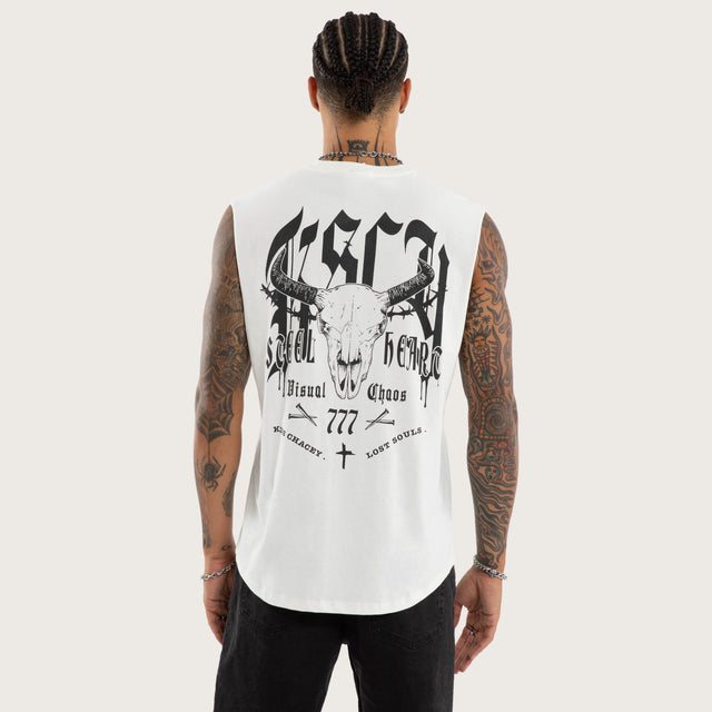 Model wears Gritt Curved Hem Muscle Tee White Muscle Tees in White - Image 1